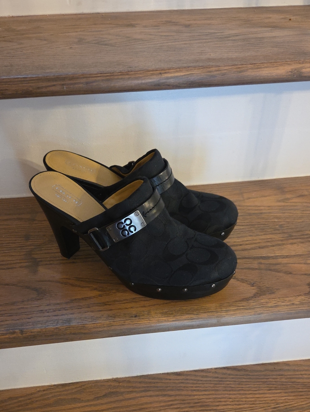 Coach Black Suede Logo Clog Heels with Metal Accent